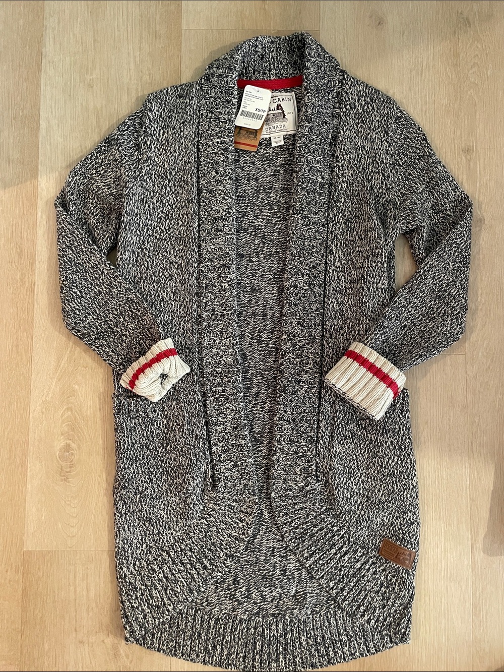 Roots Marled Gray Open-Front Cardigan with Red-Trim Cuffs